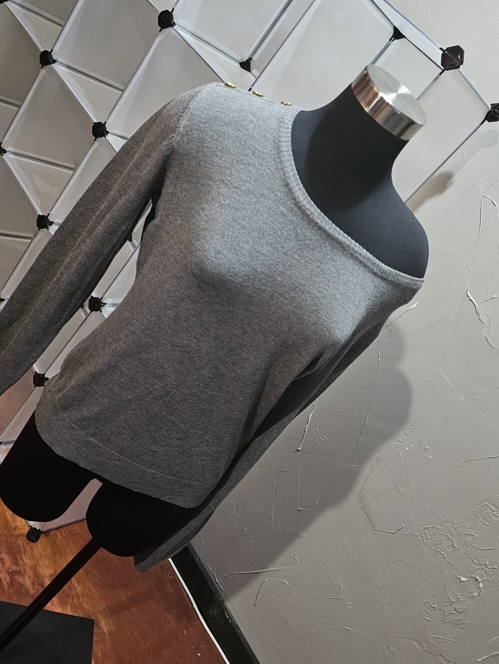 Slightly Used - BYdesign Grey Crewneck Sweater with Gold Shoulder Buttons - L